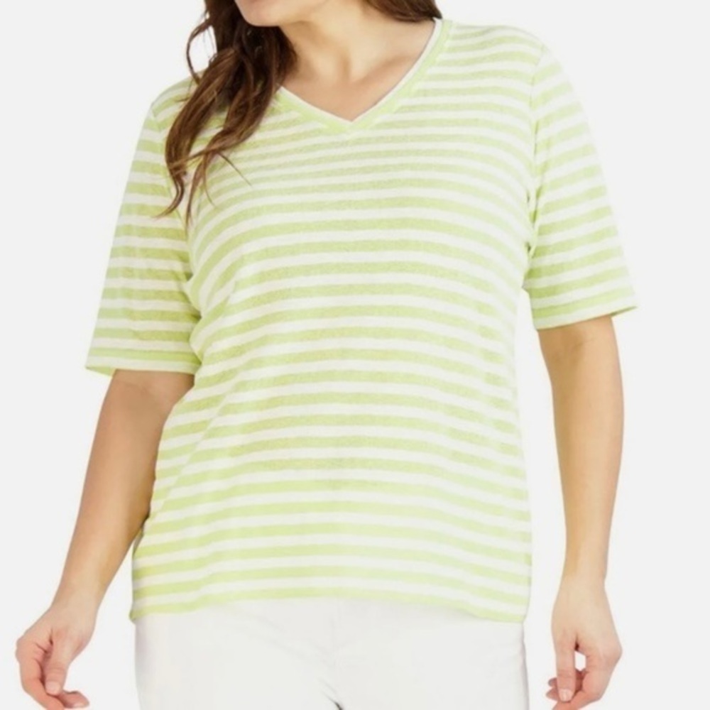 New Jones New York Stripe V Neck Tee Shirt White Green